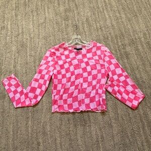 Forever 21 Pink Checked Sheer Top with Lettuce-edge Trim